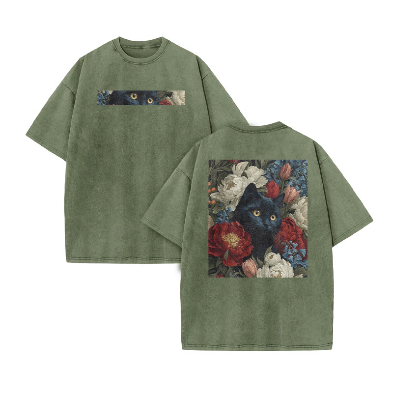 A Black Cat Hidden Among Clusters Of Red-white Peonies Print Acid Washed T-shirt - Army Green - US20-22(3XL) - image 6