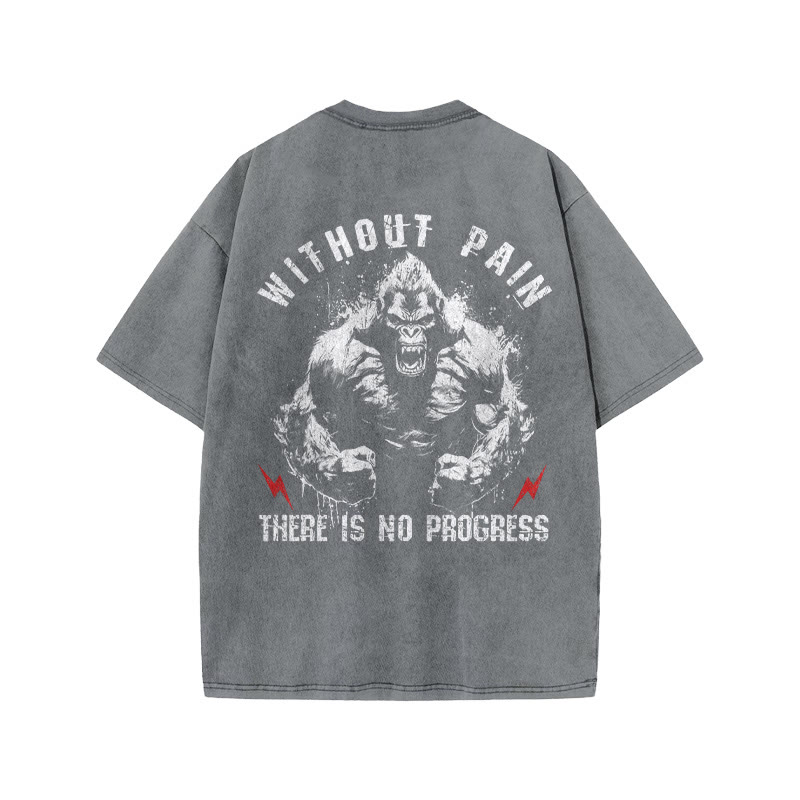100% Cotton Without Pain There Is No Progress Gym Print Acid Washed T-shirt - Grey - US20-22(3XL) - image 5