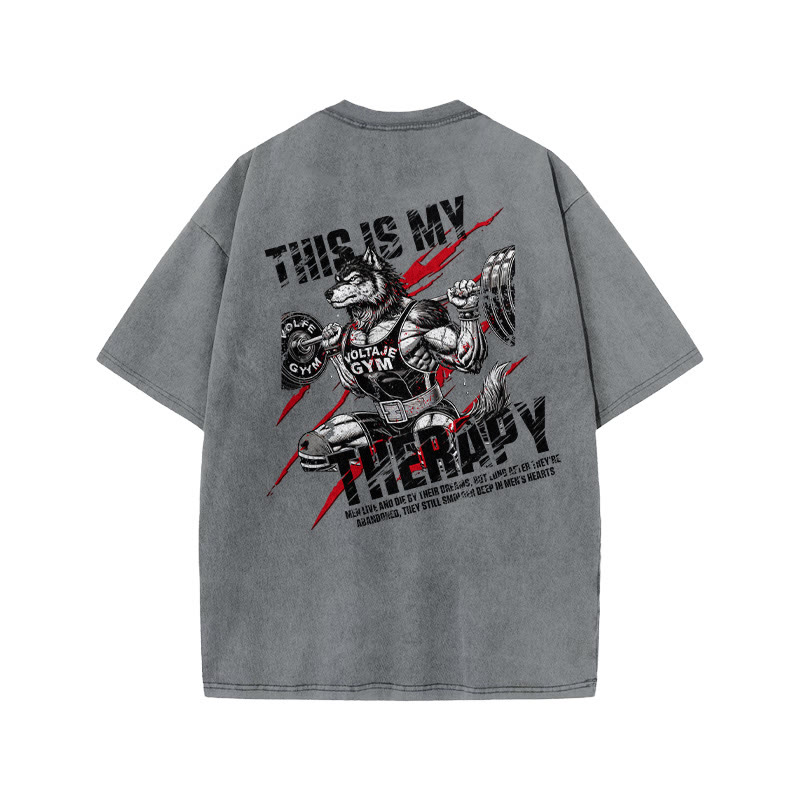 100% Cotton This Is My Therapy Gym Print Acid Washed T-shirt - Grey - US20-22(3XL) - image 4