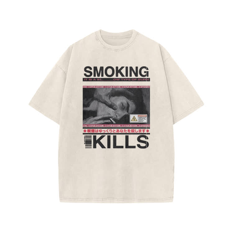 Smoking Kills Retro Manga Style Men Graphic Print Acid Washed T-Shirt - Beige - US20-22(3XL) - image 3
