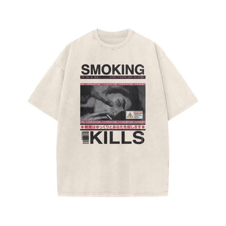 Smoking Kills Retro Manga Style Men Graphic Print Acid Washed T-Shirt - Beige - US20-22(3XL) - image 3