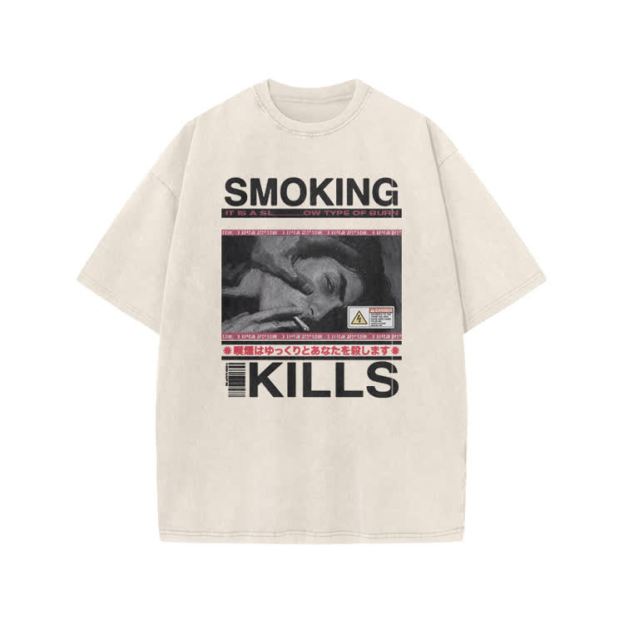 Smoking Kills Retro Manga Style Men Graphic Print Acid Washed T-Shirt - Beige - US20-22(3XL) - image 3