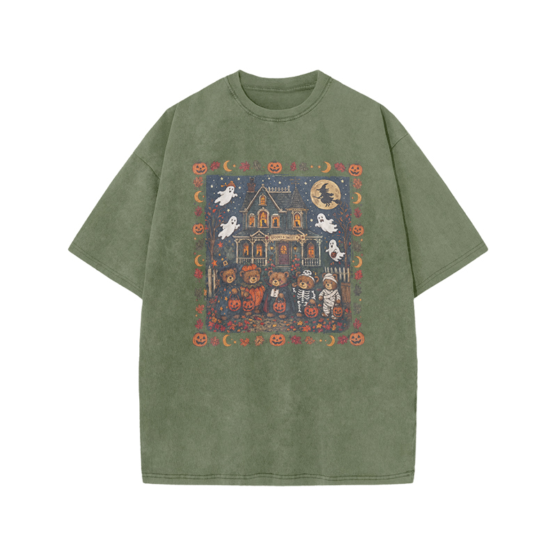  Halloween Haunted House Print Acid Washed T-Shirt - Army Green - US20-22(3XL) - image 6