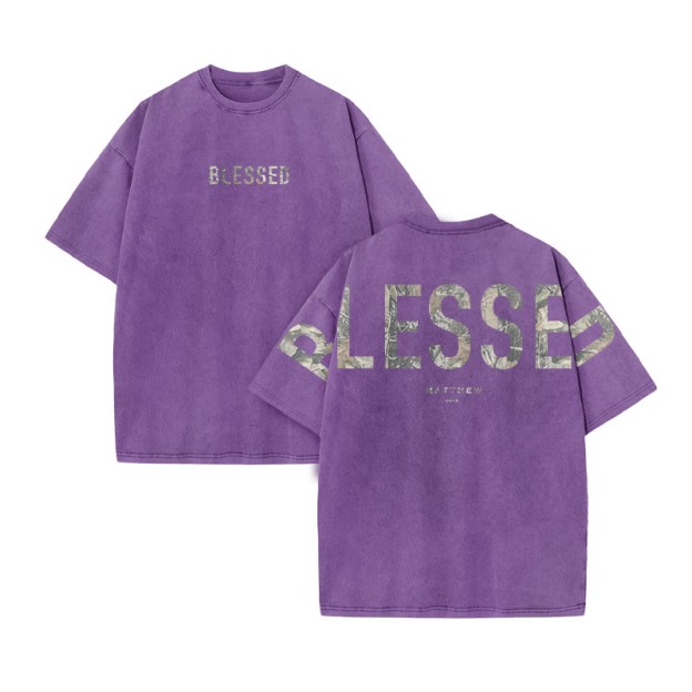 Blessed Matthew 5:3-12 Dead Leaves Camouflage Print Acid Washed T-shirt - Purple - US20-22(3XL) - image 10