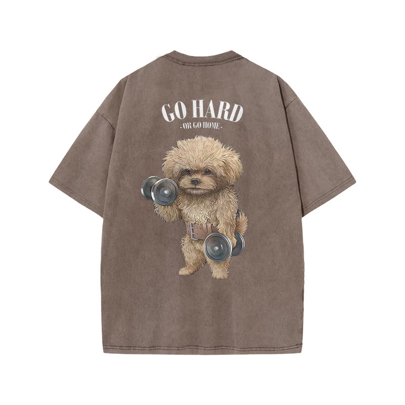 100% Cotton GO HARD Gym Print Acid Washed T-shirt - Coffee - US20-22(3XL) - image 5