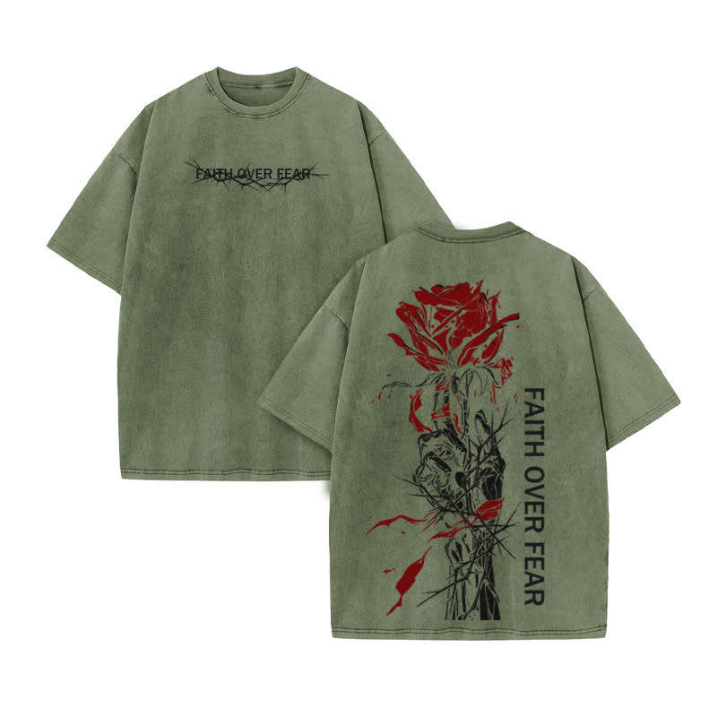 Unisex 100% Cotton Faith Over Fear Print Acid Washed T-shirt - Army Green - US20-22(3XL) - image 6