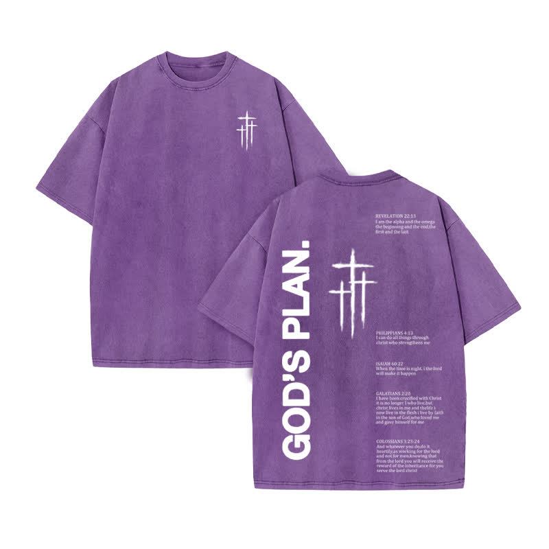 Unisex 100% Cotton God Plan Print Acid Washed T-shirt - Purple - US20-22(3XL) - image 9
