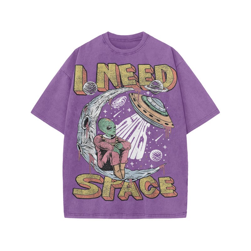 Unisex 100% Cotton I Need Space Creative Print Acid Washed T-shirt - Purple - US20-22(3XL) - image 8