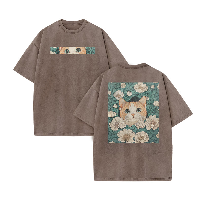 A Black Cat Hidden Among Clusters Of White Flowers Print Acid Washed T-shirt - Coffee - US20-22(3XL) - image 4