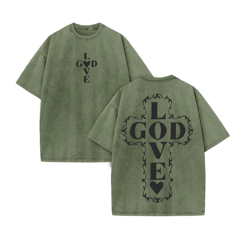Unisex 100% Cotton GOD LOVE YOU Print Acid Washed T-shirt - Army Green - US20-22(3XL) - image 6