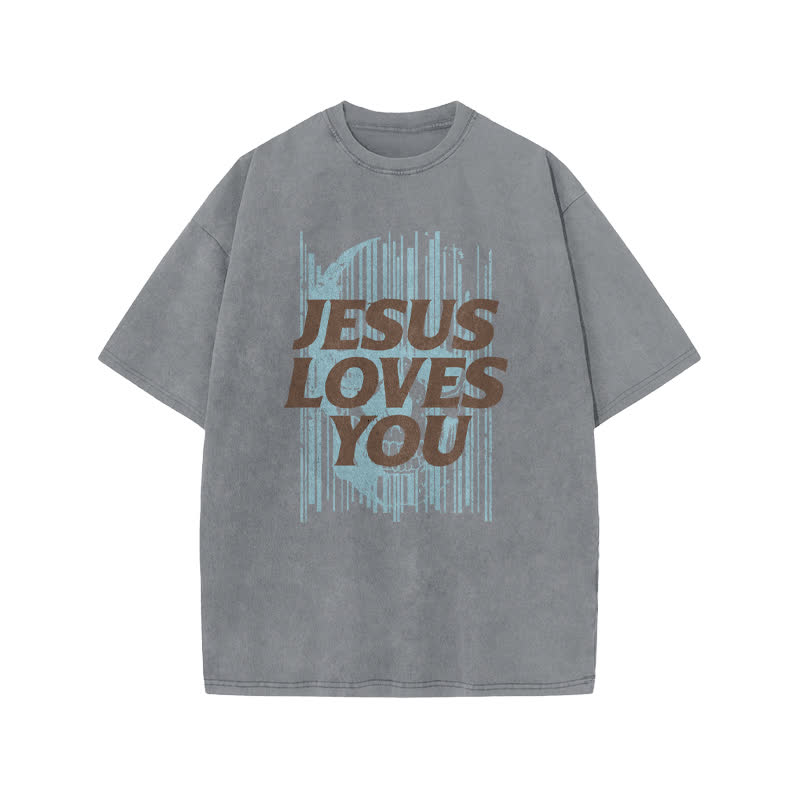Unisex Cute Jesus Love Transcends All Print Acid Washed T-shirt - Grey - US20-22(3XL) - image 4
