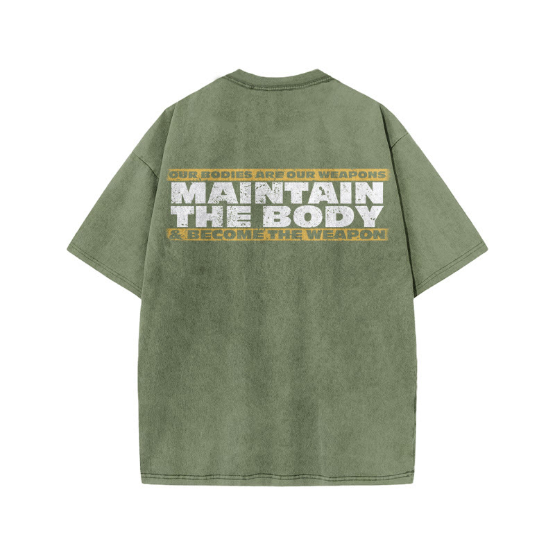100% Cotton Maintain The Body Gym Print Acid Washed T-shirt - Army Green - US20-22(3XL) - image 6