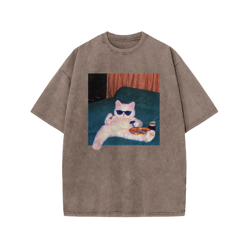 Unisex 100% Cotton Cool Cat Print Acid Washed T-shirt - Coffee - US20-22(3XL) - image 3