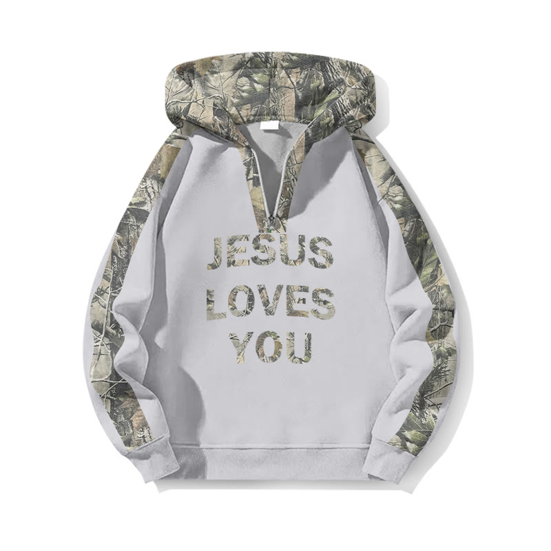 Jesus Loves You Dead Leaves Camouflage Front Print Half Zip Hoodie - Grey - US32-34(5XL) - image 4