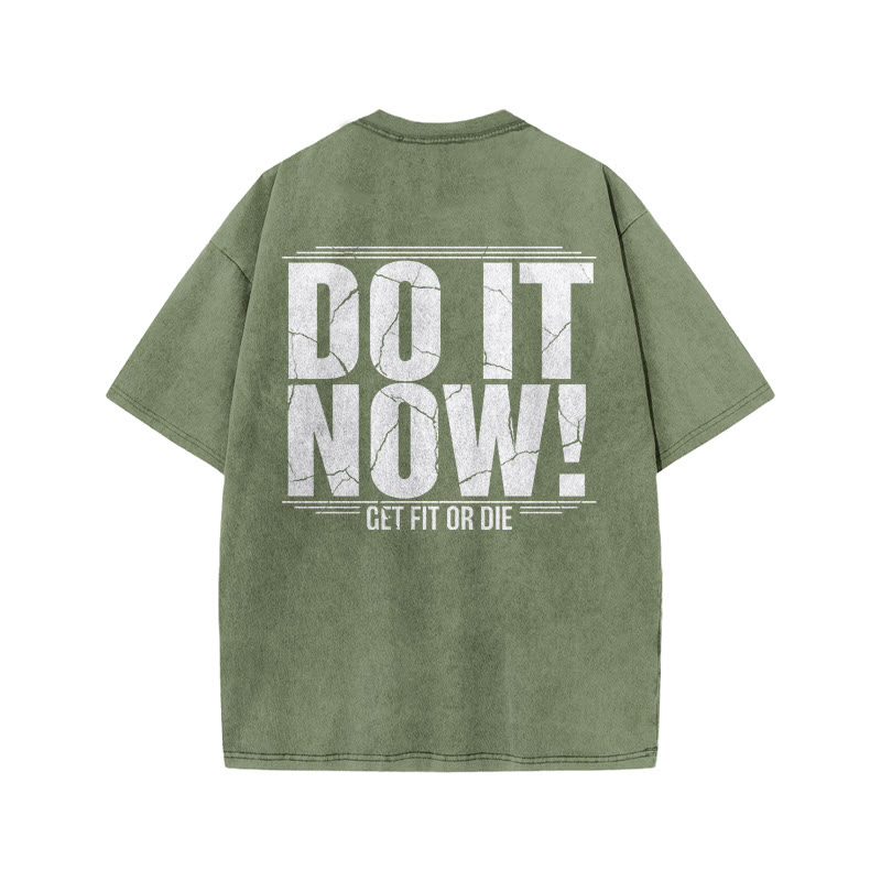 100% Cotton DO IT NOW! Gym Print Acid Washed T-shirt - Army Green - US20-22(3XL) - image 6