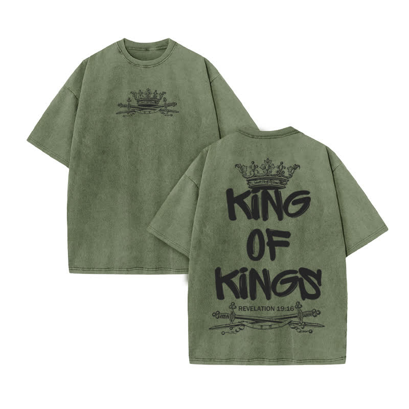 Unisex 100% Cotton King Of Kings Crown Saber Print Acid Washed T-shirt - Army Green - US20-22(3XL) - image 6