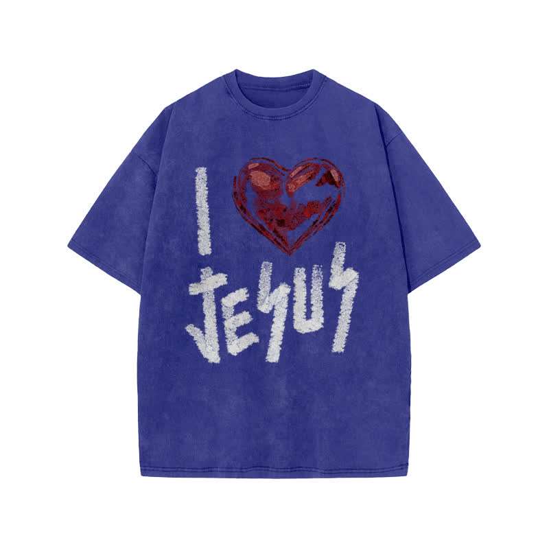 Unisex 100% Cotton I Love Jesus Print Acid Washed T-shirt - Blue - US20-22(3XL) - image 8