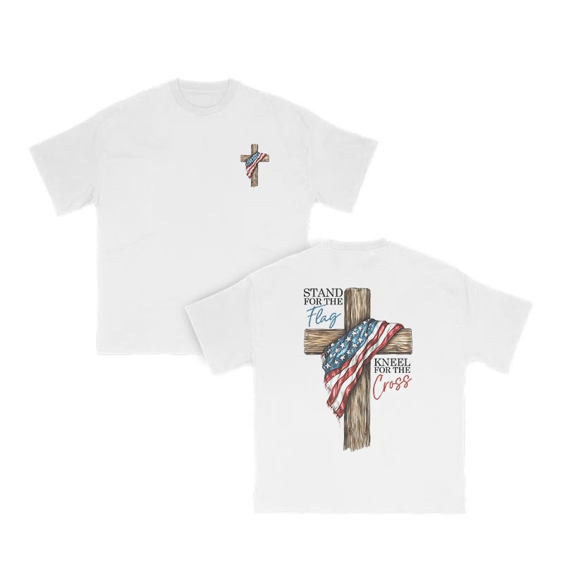 Unisex 100% Cotton Stand For The Flag Kneel For The Cross Print T-shirt - White - US16-18(2XL) - image 3