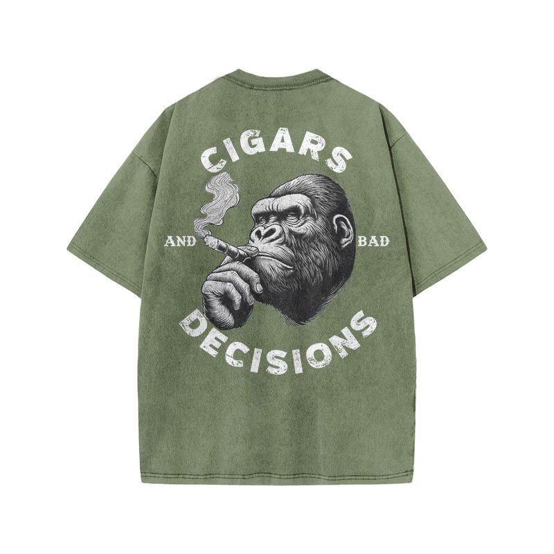 Gym 100% Cotton CIGARS DECISIONS Print Acid Washed T-shirt - Army Green - US20-22(3XL) - image 6