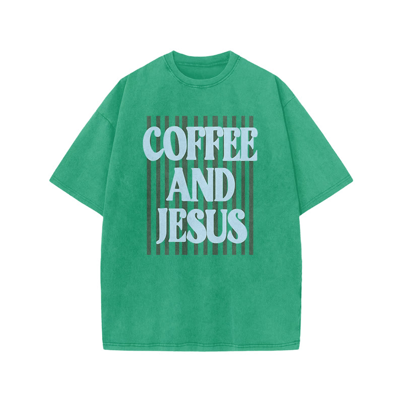Unisex 100% Cotton Coffee And Jesus Print Acid Washed T-shirt - Green - US20-22(3XL) - image 6