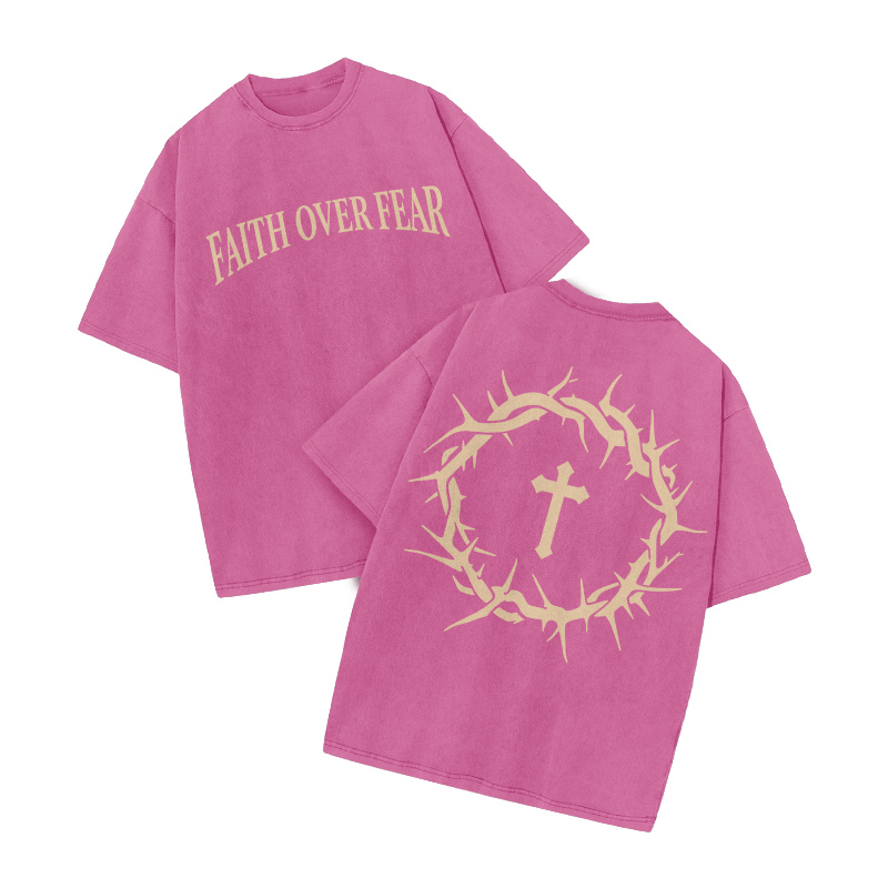 Streetwear Faith Over Fear Graphic Print Acid Washed T-Shirt - Pink - US20-22(3XL) - image 4