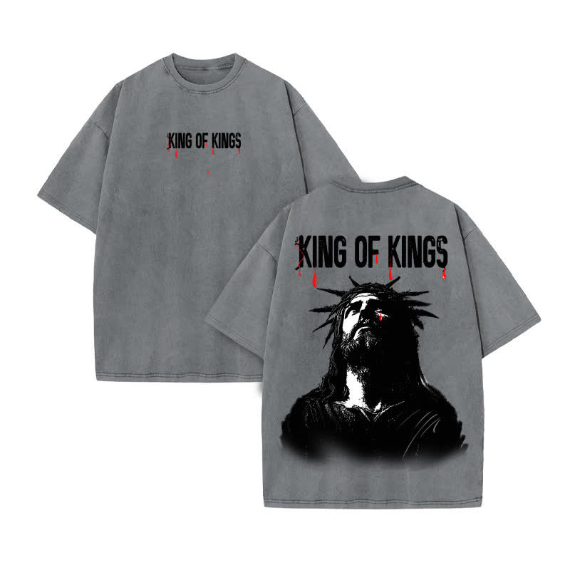 Unisex 100% Cotton JESUS IS KING Gtears Of God Print Acid Washed T-shirt - Grey - US20-22(3XL) - image 5