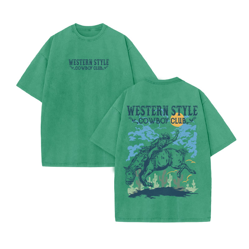 Unisex 100% Cotton Western Style Print Acid Washed T-shirt