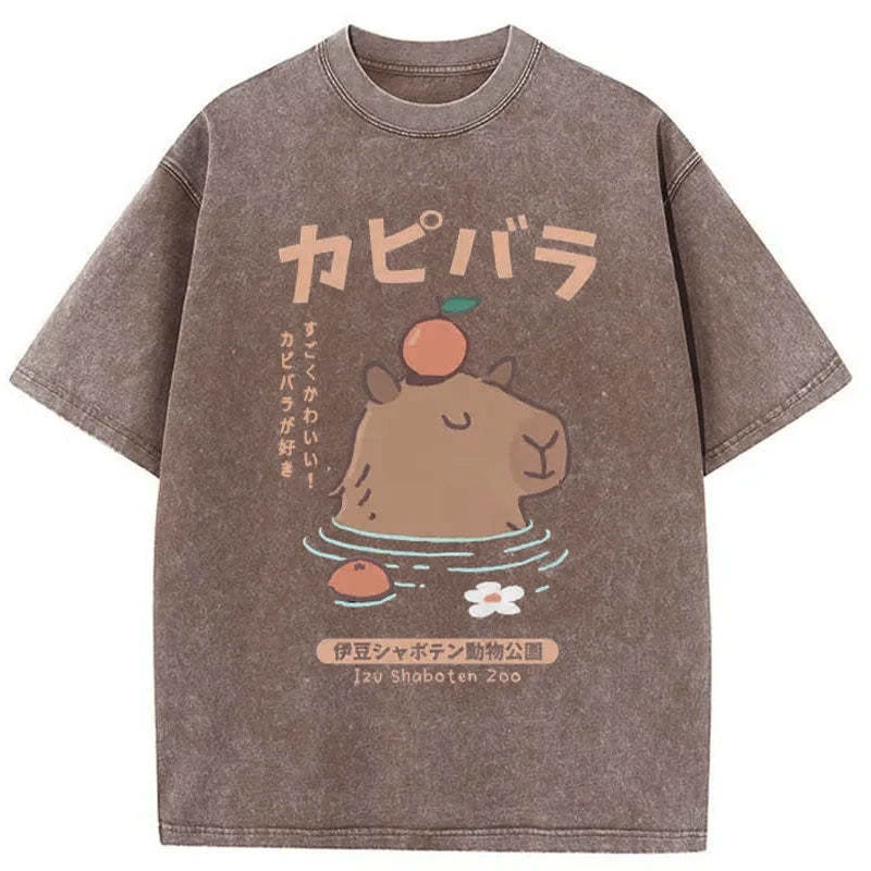 Unisex 100% Cotton Capybara Soaking In Hot Springs Print Acid Washed T-shirt