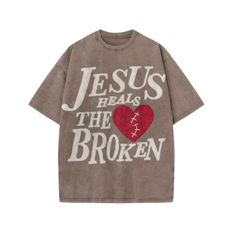 Unisex Jesus Heals The Broken Print Acid Washed T-shirt - Coffee - US20-22(3XL) - image 7