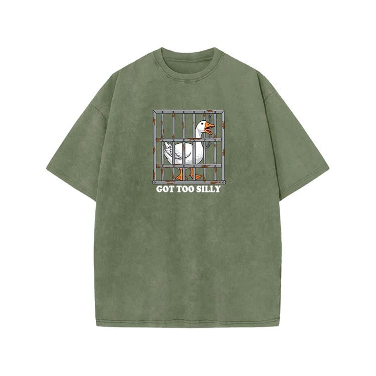 Casual Got Too Silly Goose Graphic Print Acid Washed T-shirt - Army Green - US20-22(3XL) - image 5