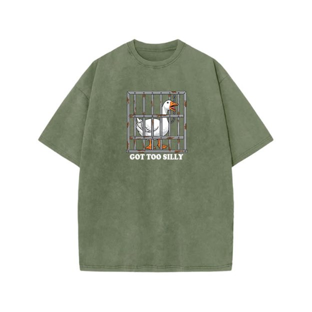 Casual Got Too Silly Goose Graphic Print Acid Washed T-shirt - Army Green - US20-22(3XL) - image 5