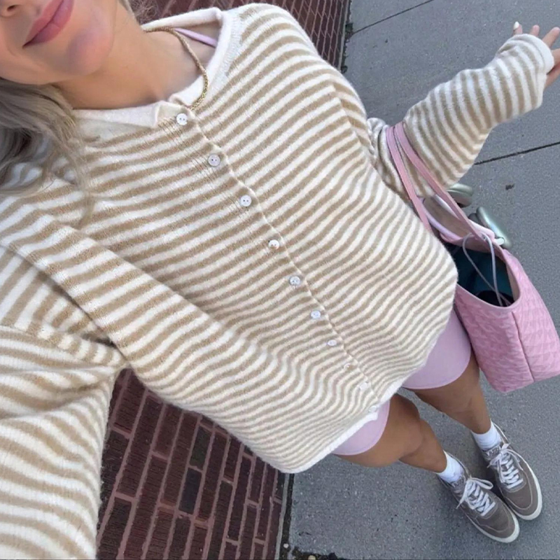 Women's Coastal Striped Knit Button Front Cardigan Sweater - Beige - 3XL - image 7