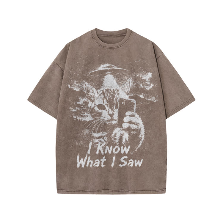 I Know What I Saw Cat Print Washed T-Shirt - Coffee - US20-22(3XL) - image 3