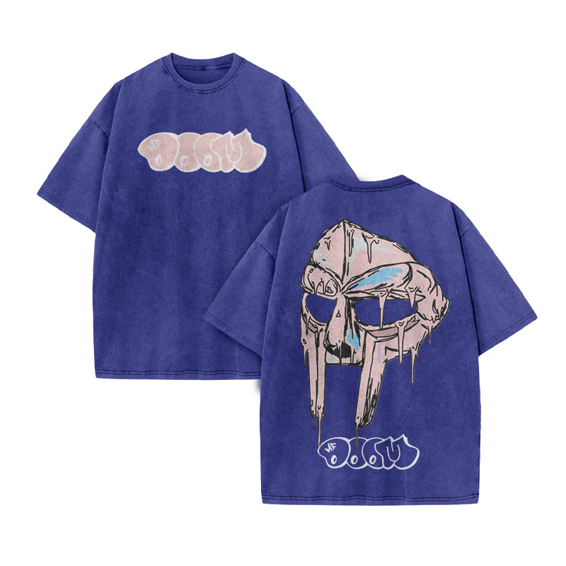 Melted Metal Mask Print Acid Washed T-shirt - Blue - US20-22(3XL) - image 9