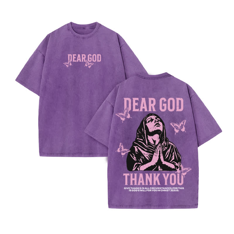 Unisex Thank You Dear God Print Acid Washed T-shirt - Purple - US20-22(3XL) - image 9