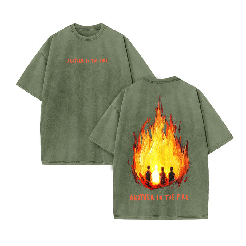 Unisex Another In The Fire Print Acid Washed T-shirt - Army Green - US20-22(3XL) - image 6