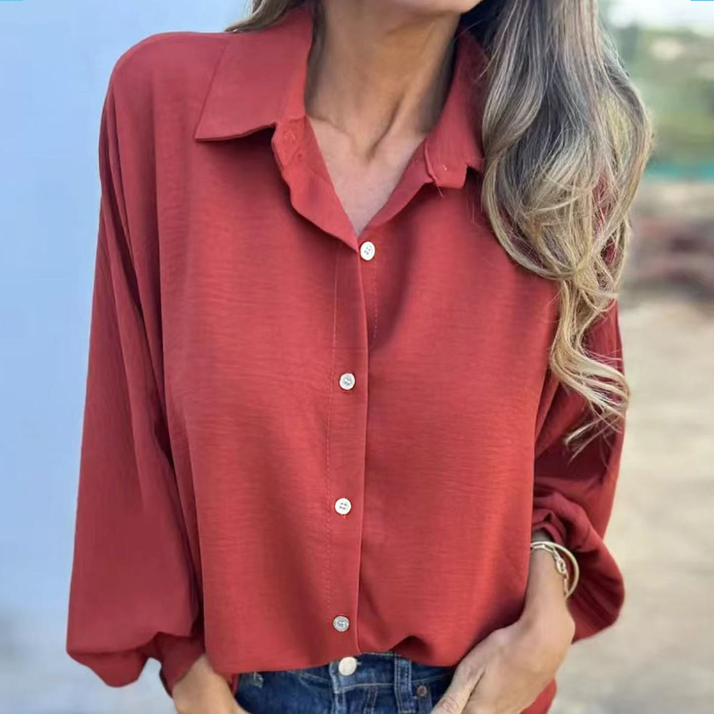 Casual Long Sleeve Lapel Shirt - Red - 5XL - image 4