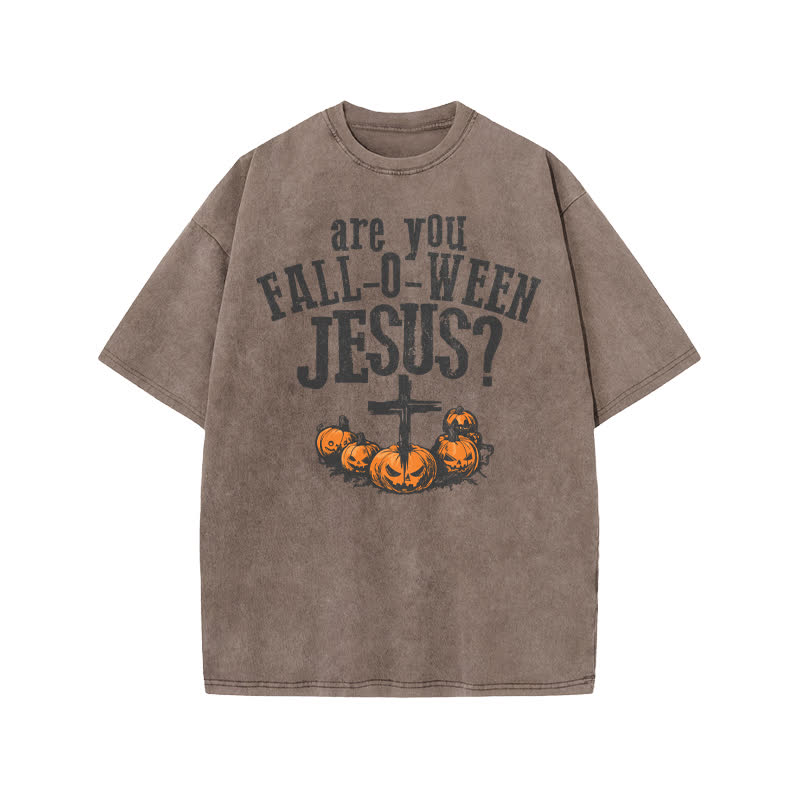 Unisex 100% Cotton Are You Falloween Jesus Print Acid Washed T-shirt - Coffee - US20-22(3XL) - image 3