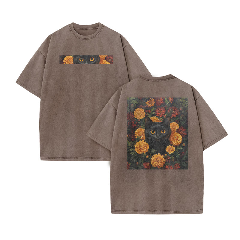 A Black Cat In A Field Of Chrysanthemums Print Acid Washed T-shirt - Coffee - US20-22(3XL) - image 5