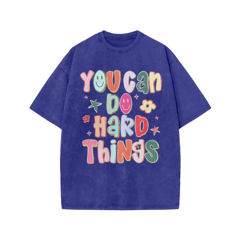 You Can Do Hard Things Print Acid Washed T-shirt - Blue - US20-22(3XL) - image 7