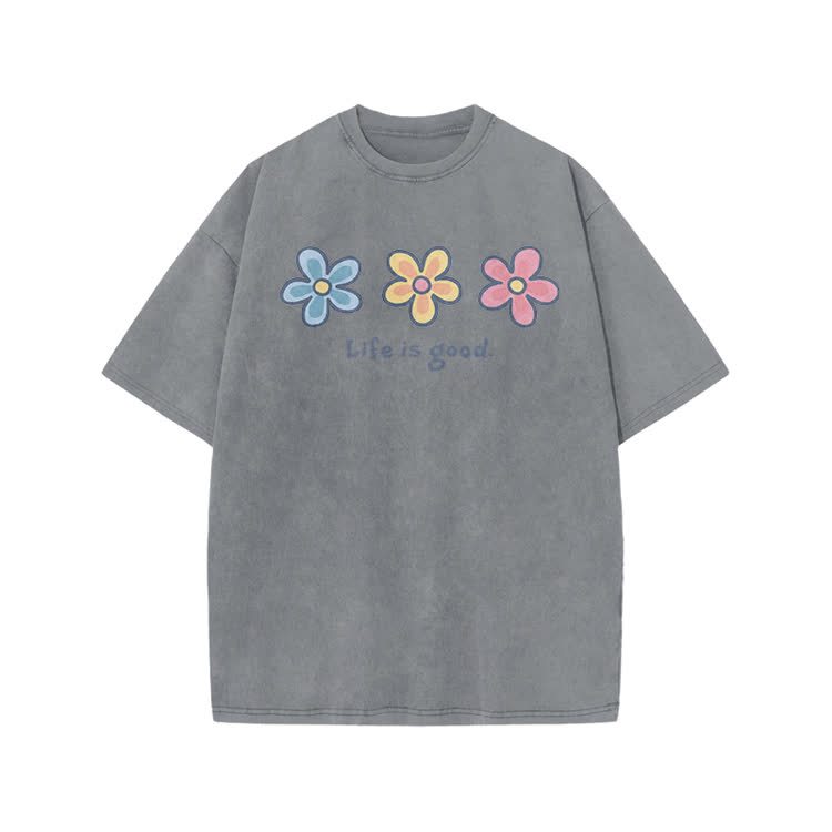Sunny Bloom Life Is Good Print Acid Washed T-shirt - Grey - US20-22(3XL) - image 4