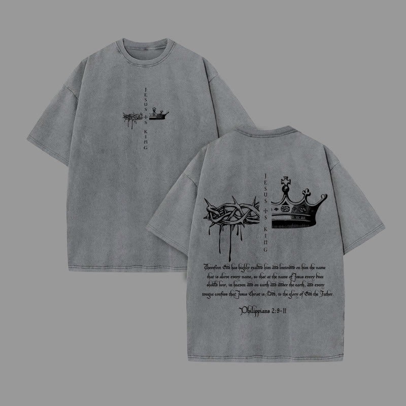 Unisex 100% Cotton JESUS IS KING Print Acid Washed T-shirt - Grey - US20-22(3XL) - image 3