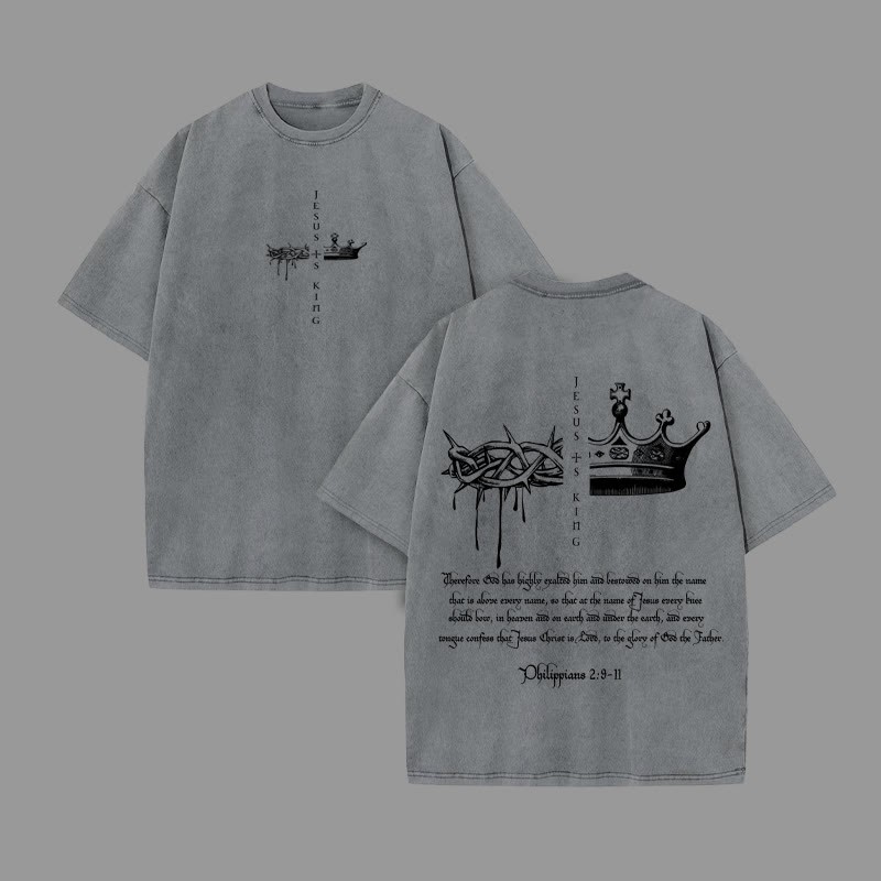Unisex 100% Cotton JESUS IS KING Print Acid Washed T-shirt - Grey - US20-22(3XL) - image 3