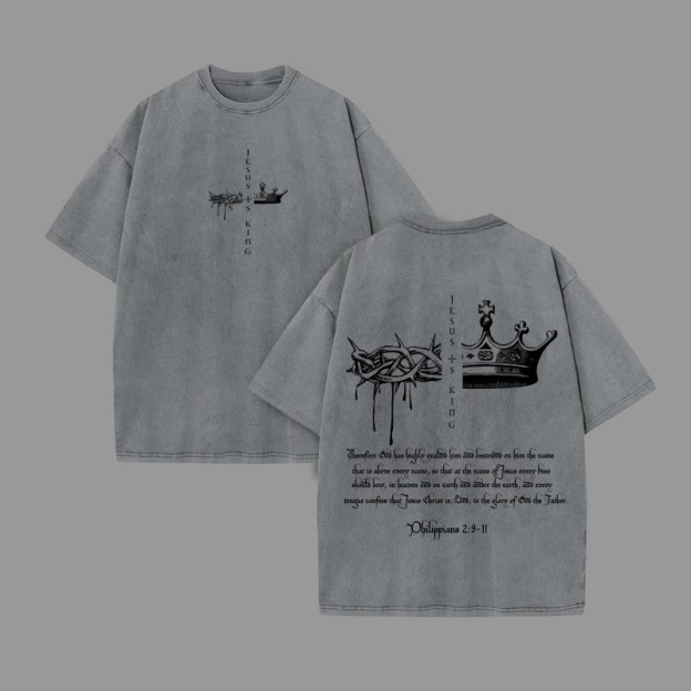 Unisex 100% Cotton JESUS IS KING Print Acid Washed T-shirt - Grey - US20-22(3XL) - image 3