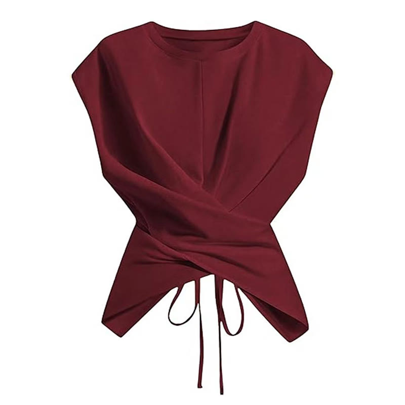 Solid Color Lace-up Sleeveless T-shirt - Wine - US24-26(3XL) - image 5