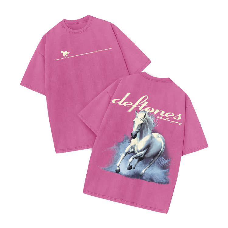 Deftones Running Horse Print Acid Washed T-shirt - Pink - US20-22(3XL) - image 5