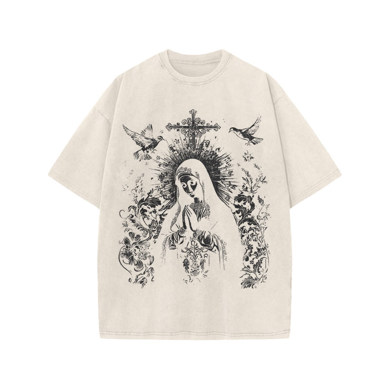Unisex 100% Cotton Praying Virgin Mary Print Acid Washed T-shirt - Beige - US20-22(3XL) - image 5