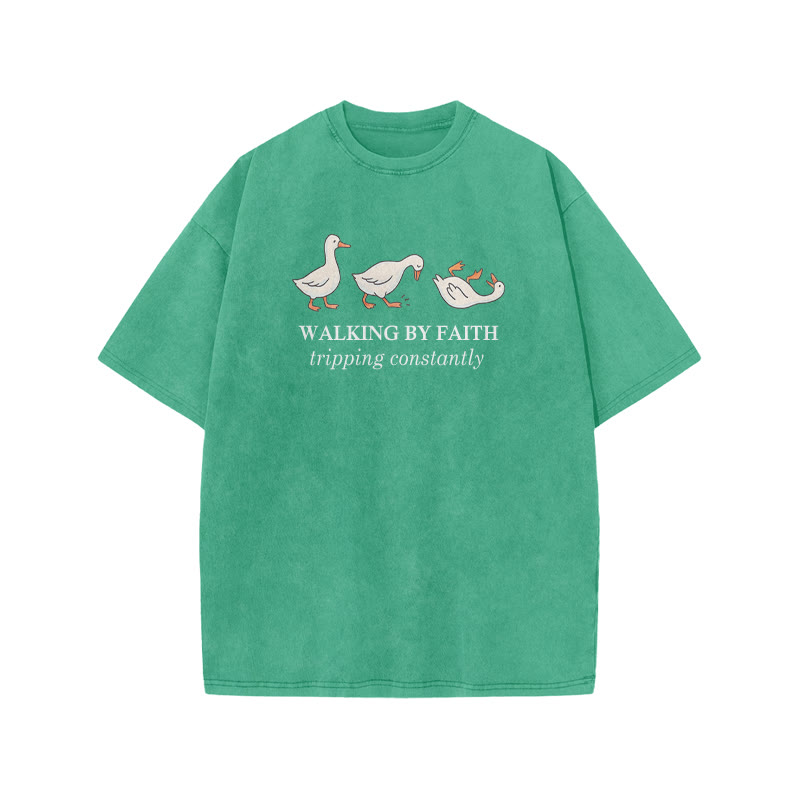 Unisex Walking By Faith Tripping Constantly Print Acid Washed T-shirt - Green - US20-22(3XL) - image 6