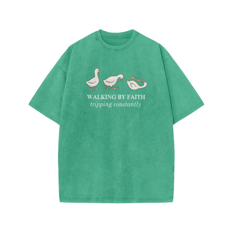 Unisex Walking By Faith Tripping Constantly Print Acid Washed T-shirt - Green - US20-22(3XL) - image 6