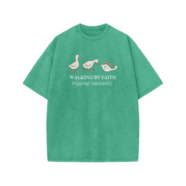 Unisex Walking By Faith Tripping Constantly Print Acid Washed T-shirt - Green - US20-22(3XL) - image 6